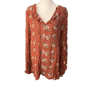 Free People Red Pleated Floral Long Sleeve Tunic high low size Small Top blouse